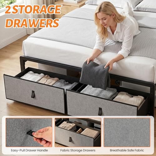 BOVONO Full Size Bed Frame with 2 Storage Drawers and Charging Station, Metal Platform Bed with 2-Layer Open Shelves, Bed Frames with Large Under Bed Storage, No Box Spring Needed Without Noise, Grey - Thumbnail 3
