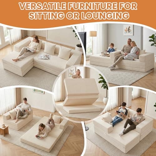 Modular Sectional Sofa, Boneless Convertible Oversized Sleeper Sofa Bed, Modern Tri-Folding Cloud Couch with L-Shape Chaise, Corduroy Futon Couches for Living Room Small Spaces Apartment,No Assembly - Thumbnail 3