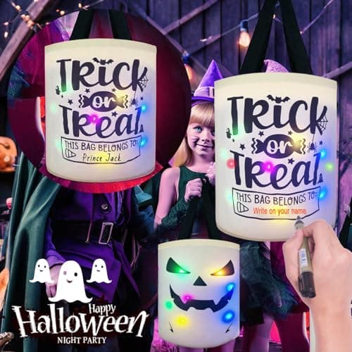 Halloween Trick or Treat Bags Candy Bucket, Upgraded Light Up Ghost Basket Decoration Multipurpose Reusable Goody Sweet Buckets for Scary Night Party Supplies Favors Festival Decor Gifts 1 Pack - Thumbnail 3