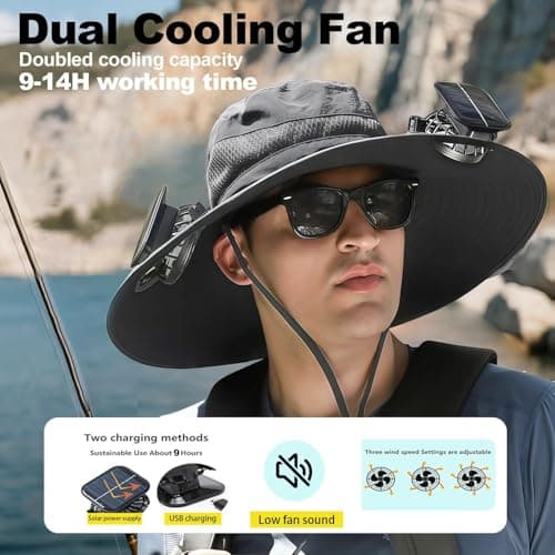 Hat with Fans Solar Power for Instant Cooling, Acrylic Sombrero con Ventilador Solar with Sun Protection for Men, Fishing Hat for Men to Stay Cool While Fishing (Black) - Thumbnail 4