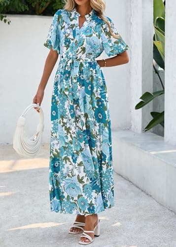 KIRUNDO Women Spring Summer Wedding Guest Boho Floral Maxi Dress Puff Sleeve Button Shirt V Neck Flowy Beach Vacation Dress(Blue Green, Small) - Thumbnail 6