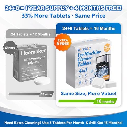 Bellaluce Ice Machine Cleaner Tablets Descaler (32 Pack) – Nickel-Safe Countertop Portable Commercial Ice Maker Cleaning – Remove Hard Water Buildup, Odor-Free, Crystal Clear Ice - Thumbnail 2