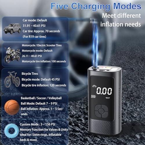 DURASHUN Cordless Tire Inflator Portable Air Pump - Car & Motorcycle Accessories, Dual-Pump, 1s Fast Inflation, 150PSI, Auto-Stop, Pressure Monitor, 5 Modes, LED Light (Black) - Thumbnail 3