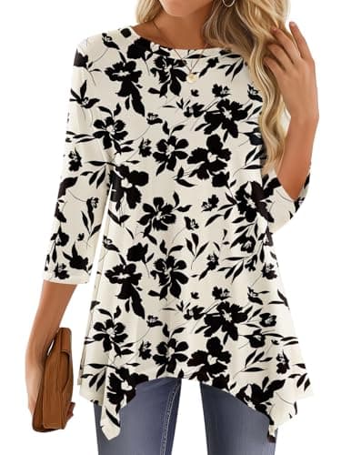 JUSTFASHIONNOW Floral Tunic Tops for Women Plus Size Dressy Casual 3/4 Length Sleeve Womens Blouses Maternity Shirts Asymmetrical Hem Ladies Outfits（Apricot，XX-Large - Thumbnail 2