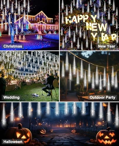 EAGWELL Christmas Lights Outdoor 12 Inch 10 Tubes Meteor Shower Light LED Falling Rain Drop Lights Icicle Cascading Xmas String Decor for Tree Wedding Party Garden Easter Light Decoration,Shine White - Thumbnail 2