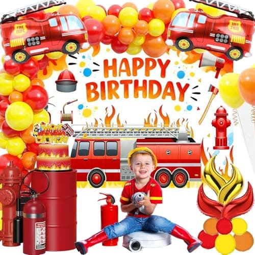 Fire Truck Birthday Party Decorations Kit – Fire Truck Balloon, Firefighter Theme Supplies with Backdrop, Table Cover, Cake Toppers, Balloons for Kids & Boys Rescue Party - Thumbnail 6
