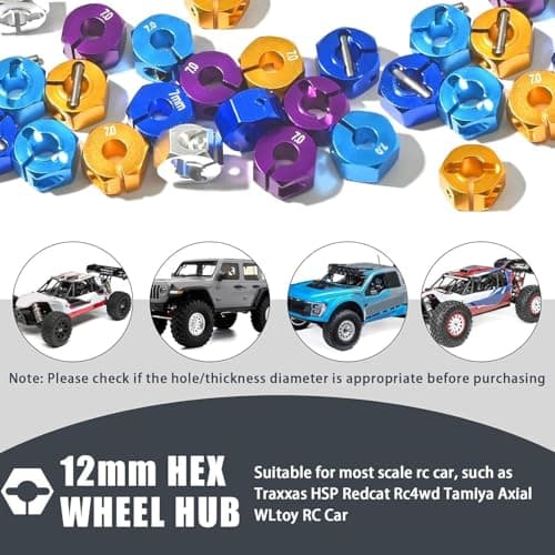 Fraizoe RC Aluminum 12mm Hex Wheel Hub 4Pcs w/Axle Pin M4 Flange Lock Nut Standard M3 M4 Nut 7mm Thickness Wheel Drive Adapter for 1/10 Traxxas HSP Redcat Rc4wd Tamiya Axial SCX10 WLtoy RC Car(25Pcs) - Thumbnail 4