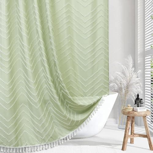 Boho Shower Curtain with White Tassel Woven Fabric Sage Green Shower Curtain 72 x 72 Modern Farmhouse Textured Tufted Chevron Striped Minimalist Bathroom Shower Curtain - Image 1