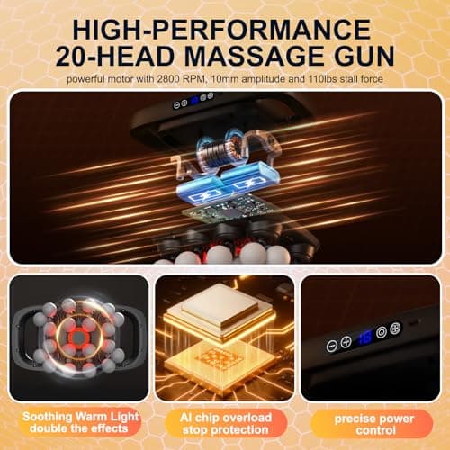 Mekanic 20-Head Massage Gun Deep Tissue with Soothing Warmth, 3 Modes & 30 Intensities, Quiet Multi-Head Back Massager for Pain Relief, Electric Percussion Muscle Massager for Neck, Shoulders,and Legs - Thumbnail 5
