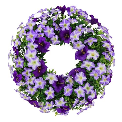 U'Artlines 20 Inch Summer Silk Floral Wreaths for Front Door, Artificial Boxwood Wreath with Purple Morning Glory Flowers, Faux Farmhouse Greenery Wreath for Wall Window Wedding Home Decor - Image 1