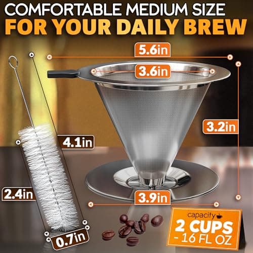 Pour Over Coffee Dripper - 3.18x4.48" Stainless Steel Pour Over Coffee Maker with Large Plastic Handle, Wide Secure Base and a Brush for Cleaning - Ensures Well-Balanced and Reach Tea Infuser - Thumbnail 3