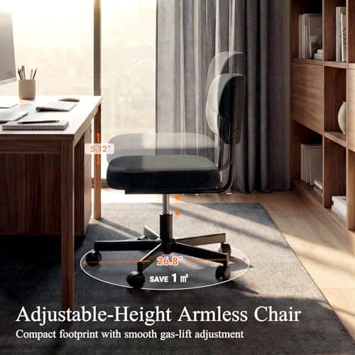 VATROS Vanity Chair with Wheels, Cute Armless Desk Chair with Back, Height Adjustable Swivel Small Office Chair, Comfy Fabric Computer Task Chair for Bedroom, Study, Dressing Room Black - Thumbnail 5