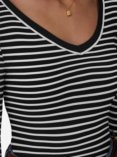 GKBK Womens 3/4 Sleeve Scoop Neck Tops Ribbed Knit Slim Fitted Casual Basic Tee Shirts 2026 Summer Fashion Trendy Work Casual T-Shirt Undershirts Layering Clothes Black White Stripe L - Thumbnail 4