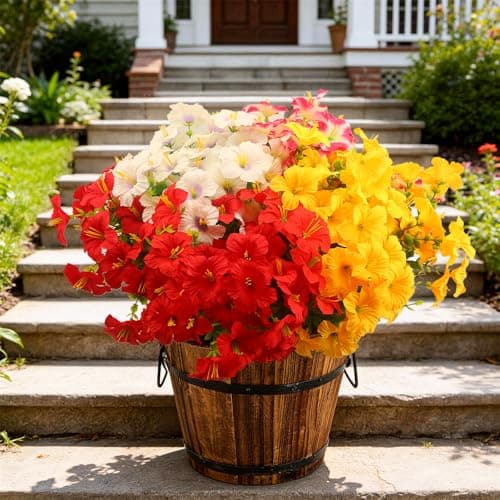 UJROQI Artificial Flowers for Outdoors Fake Plants Outside, 16 Bundles Silk Morning Glory with Eucalyptus, UV Resistant Realistic Faux Flowers for Planters Porch Patio Garden Balcony Decor (4 Color) - Thumbnail 5