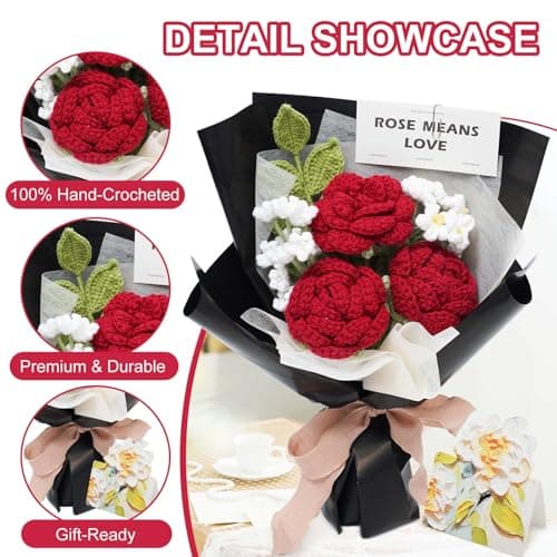 Crochet Flower Bouquet Handmade Red Roses Artificial Flowers with Card Unique Mothers Day Graduation Birthday Gifts for Women Mom Girlfriend Wife Eternal Flores Knitting Decorations Home Decor - Thumbnail 4