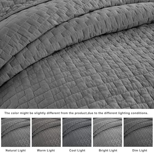 palassio Dark Grey 100% Cotton Quilt King Size Bedding Sets with 2 Pillow Shams, Textured Lightweight Soft Bedspread Shabby Chic Coverlet, Quilted Comforter Bed Cover for All Season, 3 Pieces - Thumbnail 2