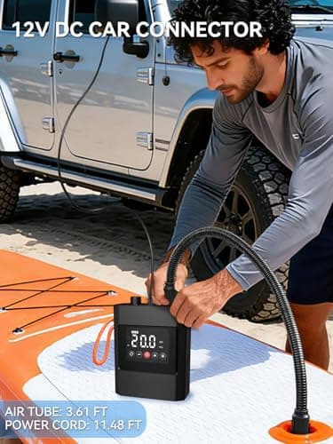 AIRSURE 20PSI High Pressure Electric Paddle Board Pump, Rechargeable Battery-Powered, Electric SUP Air Pump with 12V DC Car Connector, Intelligent Dual Stage for Inflatable Paddle Board, Kayak, Boats - Thumbnail 2