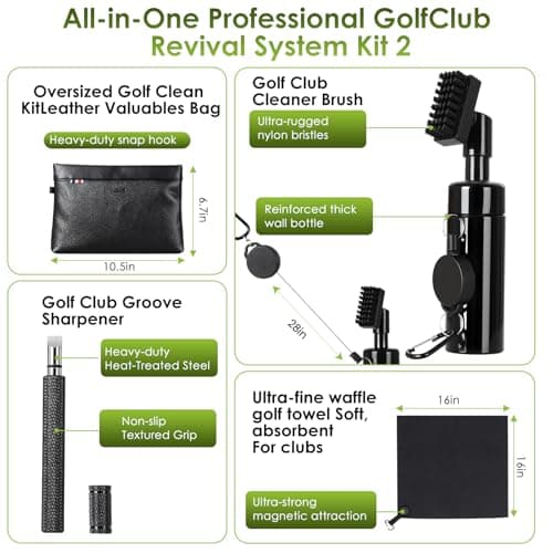 7-in-1 Golf Club Cleaning Kit - Club Cleaner, Grip Cleaner, Polish, Water-Spray Brush, Groove Cleaner, Magnetic Towel & Portable Bag | Restores Clubs, Removes Rust/Scratches, Renews Tackiness - Thumbnail 4