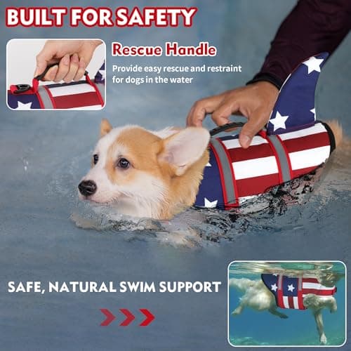 Dogcheer Dog Life Jacket Shark, American Flag Dog Life Vest with Reflective Stripes & Rescue Handle, Adjustable High Buoyancy Puppy Swim Float Vest for Small Medium Large Dogs - USA Flag, XS - Thumbnail 3