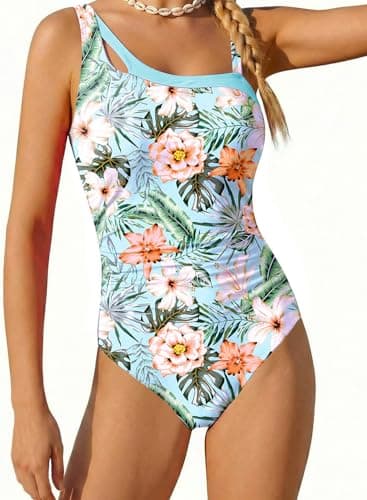 Belovance Girls Swimsuits One Piece Bathing Suit Solid Color Ruched Swimming Suit Tween Summer Modest Beach Swimwear Adjustable Straps Quick Dry Size 7 8 (8Y, Green Floral) - Image 1