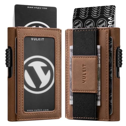 VULKIT Mens Minimalist Wallet for Max. 8 Cards with Pop-Up Credit Card Ejector RFID Blocking, ID Window and Elastic Strap for Bills or Keyring, Gift Box Packed, Brown - Image 1