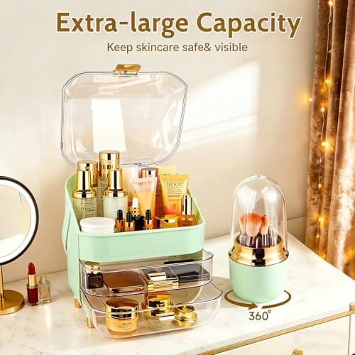 Makeup Organizer with Drawers-Cosmetic Display Case for Vanity|Skincare Organizer with 360 Rotating Brush Holder,Large Storage Box Dresser,Women Gifts Display Cases for Bathroom Countertop,Green - Thumbnail 4
