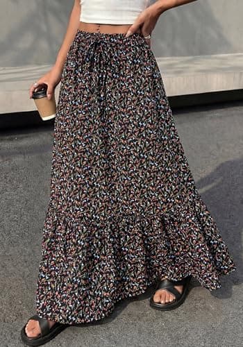 BTFBM Womens Boho Maxi Skirt 2026 Summer Floral High Waisted Flowy Tiered Long Spring Beach Vacation Skirts Pockets(Floral Black Red, XX-Large) - Thumbnail 4