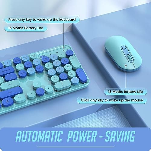 Wireless Keyboard and Mouse, LIZRROT Silent Keyboard Mouse Combo, Full-Sized Colorful Typewriter Keyboard with Round Keycaps, 2.4G Cute Mouse Compatible with PC/Laptop/Computer(Blue) - Thumbnail 4