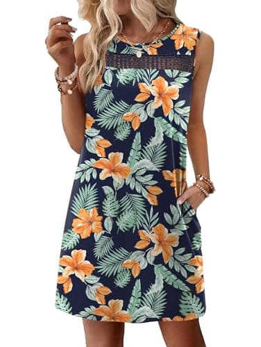 WIHOLL Beach Vacation Clothes for Women Spring Dresses 2026 Summer Cruise Outfits Mini Hawaiian Dresses with Pockets Sleeveless Sundress Business Casual Leaves Orange XL - Image 1