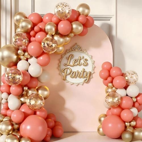 Coral Red White Gold Balloon Garland Arch Kit, 160Pcs Coral Red White Gold Latex Balloons with Confetti Balloons for Mother's Day Wedding Anniversary Birthday Shower Party Decorations - Image 1