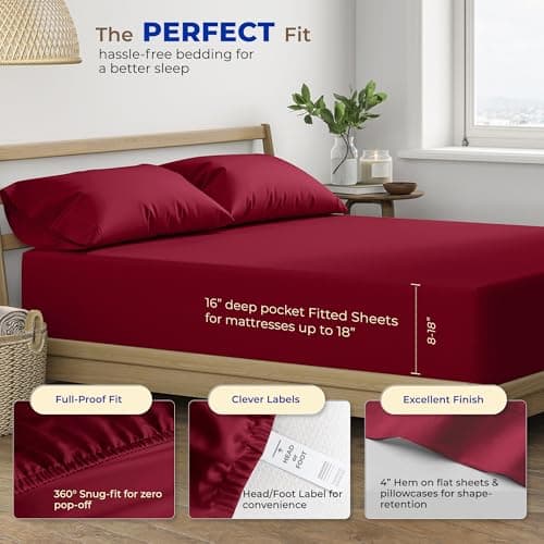 THREAD SPREAD Egyptian Cotton Sheets King Size - 600 Series Bliss Collection Sheets King Luxury Sheet King Size (4 PC, Burgundy), 16" Deep Pocket, Soft, Cooling Sateen Hotel Bed Sheet Sets - Thumbnail 4