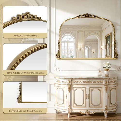 26x38 inch Vintage Arched Gold Ornate Baroque Mirror - Wall Vanity Mirror with Beautiful Retro Top and Bottom Engraving Process Frame for Bathroom, Living Room, Fireplace, Entryway, HD Tempered Glass - Thumbnail 6