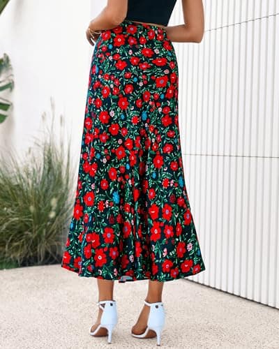 BTFBM Satin Skirts for Women Trendy Summer 2025 High Waisted A-Line Leopard Print Cocktail Wedding Long Silk Midi Skirt(Floral Black Red, Large) - Thumbnail 3