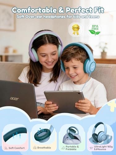 Acer Kids Headphones Wired for School - Over Ear Design, 85/94dB Safe Volume Limit, 3.5mm Jack Foldable Headphones for Toddler Boys Girls Classroom Yoto Player Chromebook Travel Green - Thumbnail 4