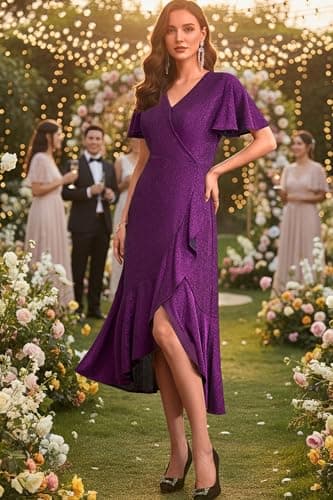 Autumn Flowerwall Women Plus Size Wedding Guest Dress Sparkle Purple 2XL Lustrous Knit V Neck Flutter Sleeve Cocktail Dress A-Line Formal Party Gowns Curvy Evening Elegant Slit Dress - Thumbnail 4