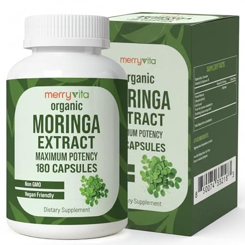 MERRY VITA Organic Moringa Capsules – Moringa Oleifera Leaf Extract – Moringa Supplement – Maximum Potency Green Superfood – Immune & Antioxidant Support – Vegan, Non-GMO – Made in USA – 180 Capsules - Image 1