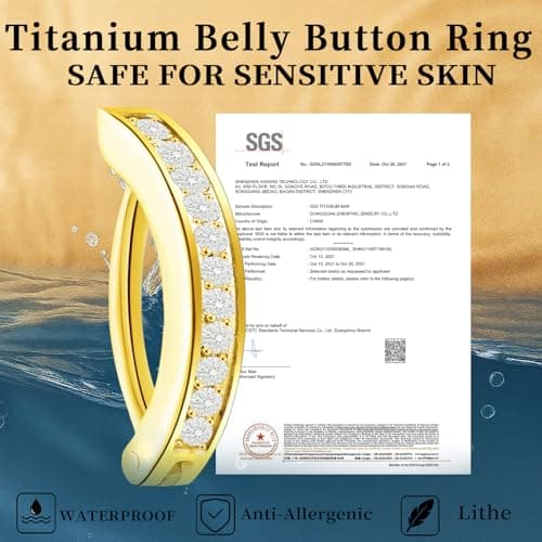 hooppoo 2-Piece Moissanite Belly Ring Set, Hypoallergenic Titanium Clicker with 14K Gold Plating - 10mm & 12mm Simple Reverse Navel Piercing Jewelry for Women, Men & Sensitive Skin (Gold) - Thumbnail 4