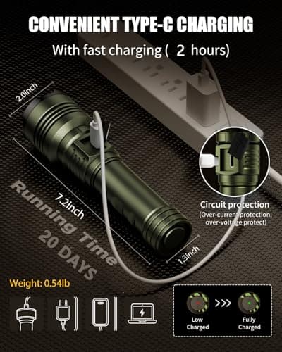 SKYFIRE LED Flashlights High Lumens – Super Bright 3000 Lumens Rechargeable Tactical Flashlight with Zoomable Beam, 5 Modes, Waterproof & Powerful Flash Light for Camping & Emergencies - Thumbnail 5