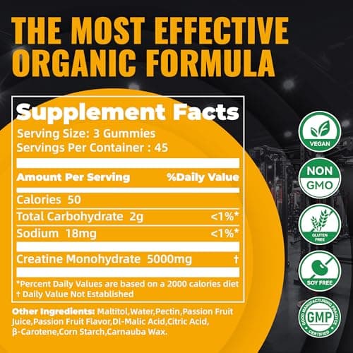 Creatine Monohydrate Gummies – Pre-Workout Energy & Muscle Growth Support for Men & Women | Passion Fruit Electrolyte Gummies (135 Count) - Thumbnail 3