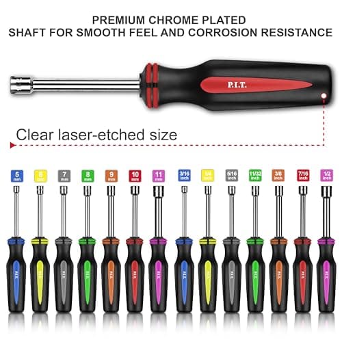 P.I.T.14PC SAE and Metric Nut Driver Set,Solid Shaft Nut Drivers(3/16 to 1/2 Inch and 5 to 10 mm) For Tightening and Loosening Fasteners with Color Coded Nonslip Comfort TPR Hand Grips - Thumbnail 2