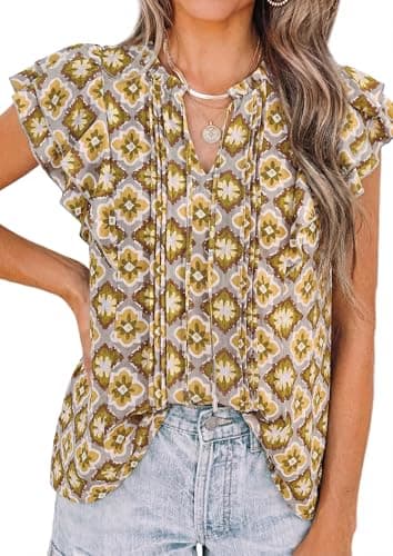 PRETTYGARDEN Women's Boho Flutter Sleeve Blouses Floral Print V Neck Summer Tops Casual Dressy Work Shirts Spring Clothes (Yellow Floral,XXL) - Image 1