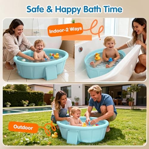 Baby Bathtub with Inflatable Top Edge, Extra Stable Infant Bath Tub, Collapsible & Portable for Baby Bath Time, No Tilt Design for 12M-6Y Toddler, No Assembly for Travel Shower - Thumbnail 5