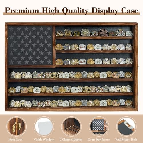 Challenge Coin Display Case, 27.6" x 18.3" Lockable Military Coin Holder Cabinet with Removable Star Board, Solid Wood Coins Cases for Collectors Plexiglass Coins Rack Stand - Thumbnail 4