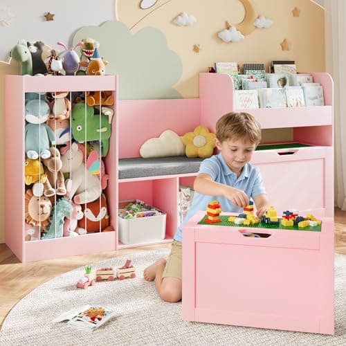 VortinT 68.9"W Kids Toy Storage, Large Bookshelf with Reading Nook, Removable Building Baseplate Lid for Lego, Rolling Drawers, Stuffed Animal Storage, Bench and Removable Cushions for Playroom(Pink) - Image 1