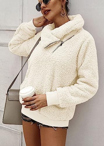 KIRUNDO Winter Clothing for Women Sherpa Pullover Fleece Zip Sweatshirt 2026 Fall Fashion Fuzzy Faux Shearling Warm Outwear(X-Large, Beige) - Thumbnail 2
