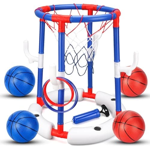 Mocuba Floating Pool Basketball Hoop with Anti-Tip Base, 2-in-1 Basketball & Ring Toss Pool Toy for Kids Ages 4-8 & 8-12, Includes 4 Balls, 6 Rings & Pump for Summer Outdoor Parties - Image 1