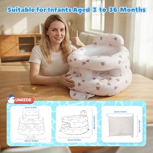 UNEEDE Inflatable Baby Seat for 3 Months & up, Infant Floor Baby Chair with Fence & Built in Air Pump,Lightweight Travel Baby Bath Seat for Home, Camping， Beach & Outdoor - Thumbnail 2