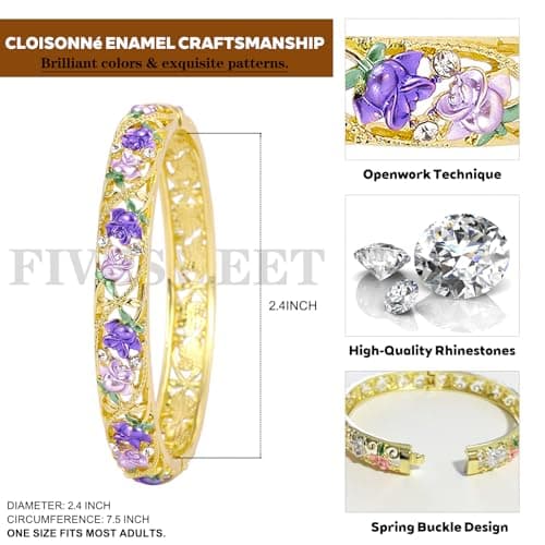 FIVESWEET Trendy 18K Gold Plated Bangle Bracelets Set for Women, Enamel Craft Jewelry-Floral Element , Retro Fashion Palace Style, Zinc Alloy with Rhinestones, 2.4Inch Diameter Fits Most Adults, Perfect Jewelry Gift Idea for Her, Girlfriend, Wife, Mom, Sister, Lover on Birthday, Christmas, Valentine's Day, Mother's Day (3, 3PCS-Floral-Tulip) - Thumbnail 2