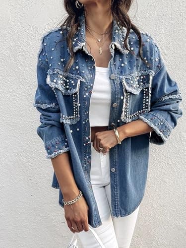 Huang's Women's Embellished Denim Jacket with Shiny Studs Non-Stretch Heavyweight Cotton, Classic Fit, Distressed Detailing Coat (US, Alpha, Medium, Regular, Regular, T234) - Thumbnail 2