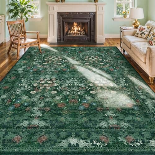 Green Floral 8x10 Living Room Area Rug, Washable Vintage Distressed Rug for Bedroom, Dining Room Under Kitchen Table, Large Low Pile Non Slip Carpet - Soft Boho Botanical Accent Mat - Image 1